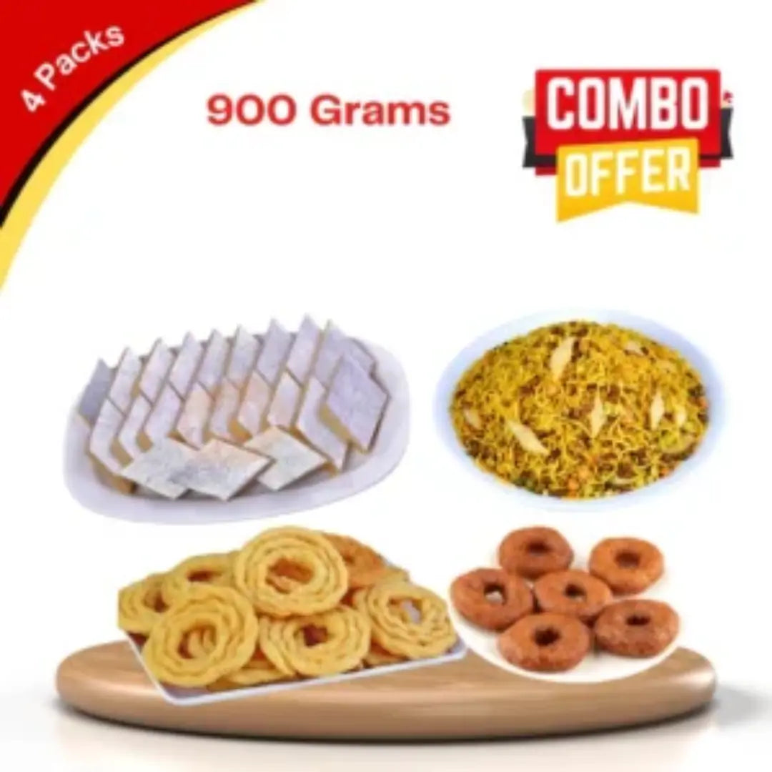 Kai Murukku (200g) Trichy BG Naidu ; Kaju Kathili (200g) Trichy BG Naidu; Athirasam (200g) Trichy BG Naidu; Bombay Mixture (200g) - Trichy BG Naidu
