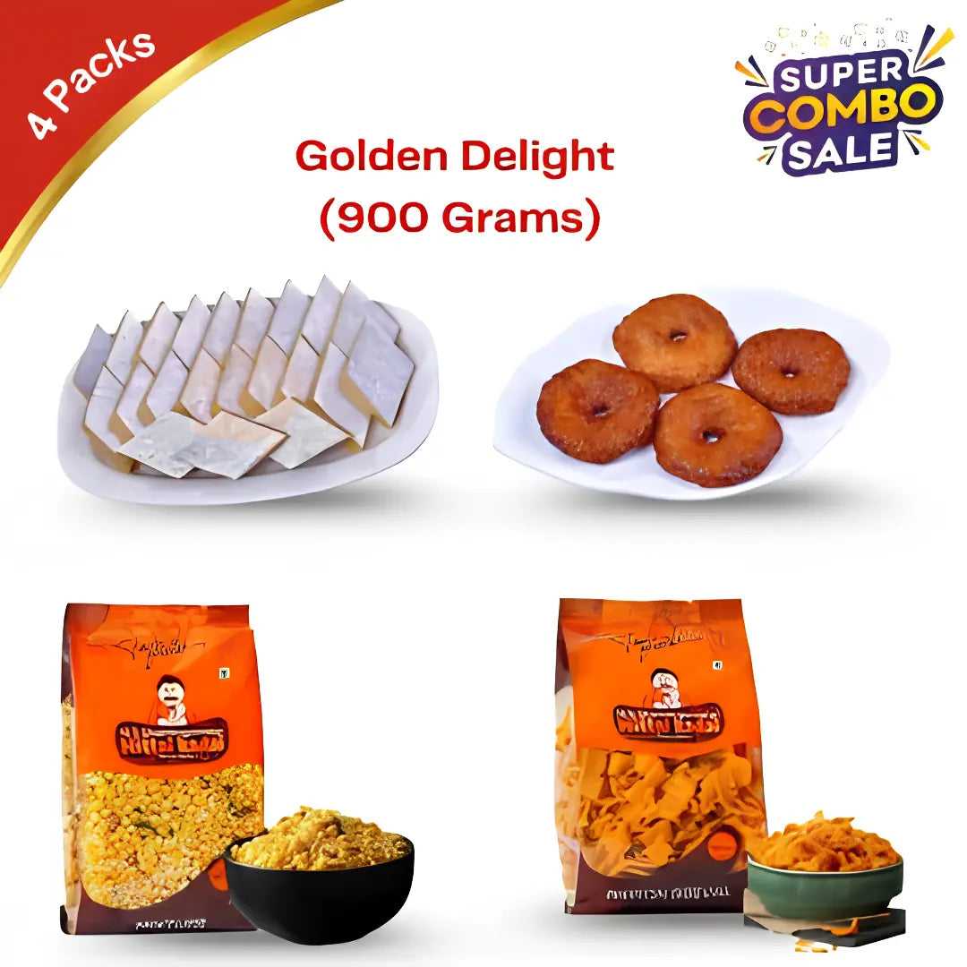 Kaju Katli 200g - Trichy BG Naidu; Adhirasan 200g - Trichy BG Naidu; Mixture 250g - Mittai Kadai Sattur; Ribbon Seval 250g -Mittai Kadai Sattur.