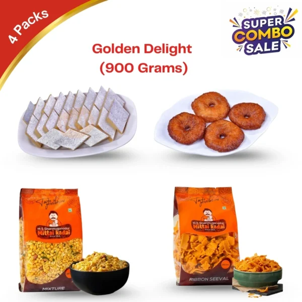 Kaju Katli 200g - BG Naidu; Adhirasan 200g - BG Naidu; Mixture 250g - Mittai Kadai Sattur; Ribbon Seval 250g -Mittai Kadai Sattur.